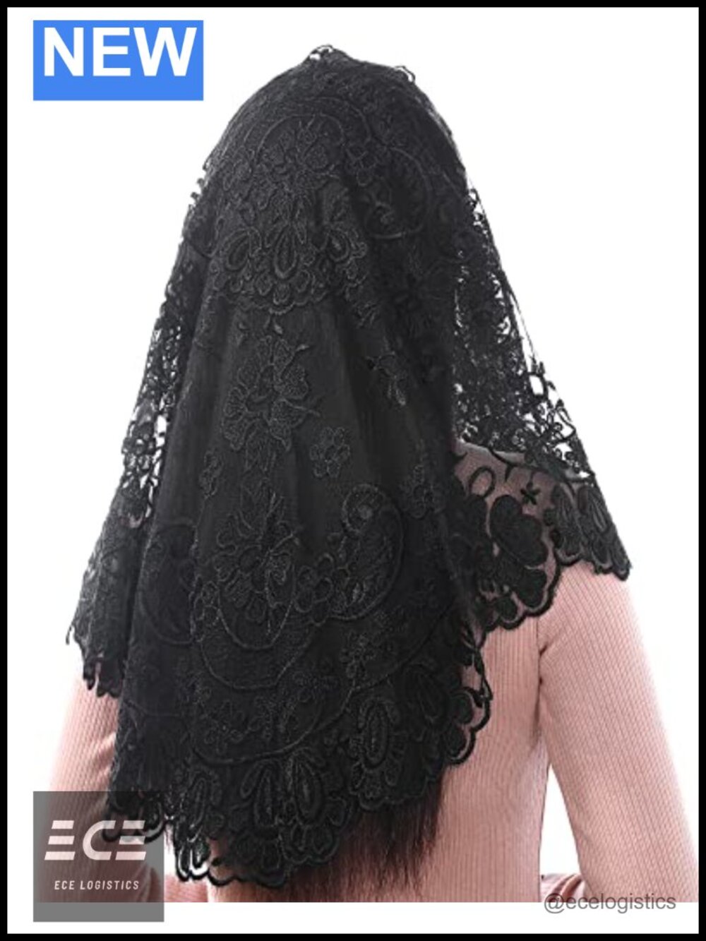 Floral Lace Catholic Mantilla Chapel Veil with Hairclips & Pouch